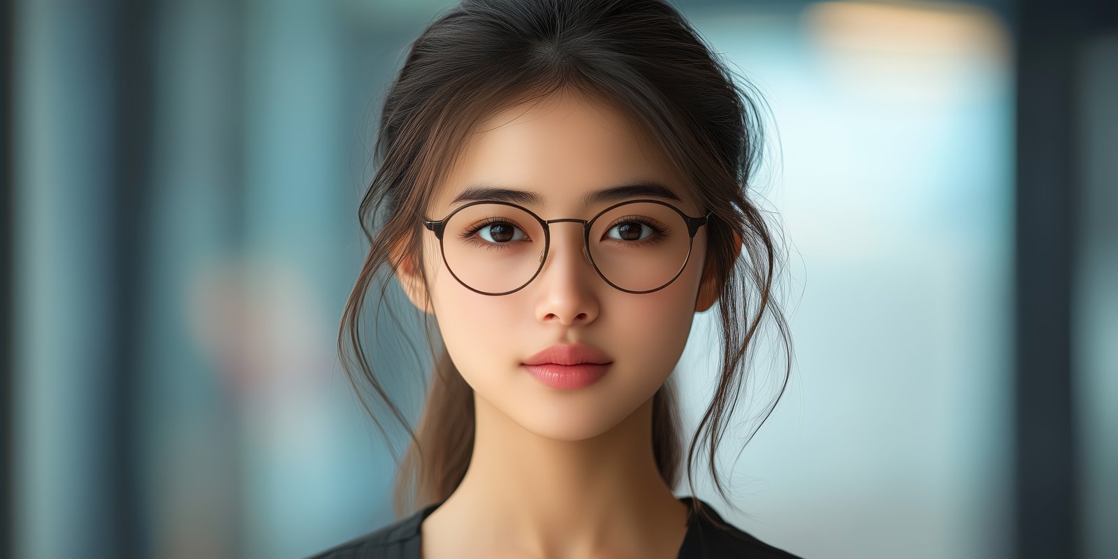 Young woman with glasses looking confidently towards the camera in a modern indoor setting